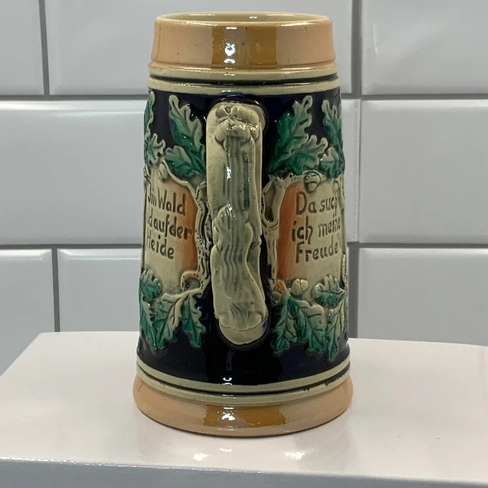 Vintage Western Germany Beer Stein Hunter Scene Ceramic Mug Cobalt Blue Relief